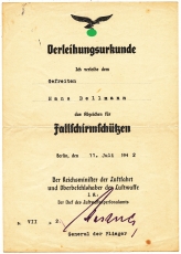 Verleihungsurkunde Abzeichen für Fallschirmschützen - Fallschirmjäger Luftwaffe 1942