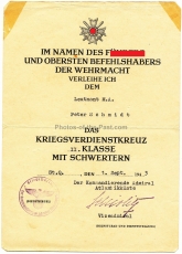 Urkunde Kriegsverdienstkreuz 2. Klasse - Kriegsmarine KvK Verleihungsurkunde