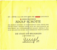 Druckstück Traueranzeige von der Stadt Bad Wildungen zum Gefallenentode von SS Oberscharführer Adolf Schotte 1944