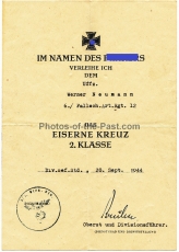 Urkunde Eisernes Kreuz 2. Klasse für einen Uffz. im Fallschirm Artillerie Regiment 12