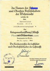 Urkunde Kriegsverdienstkreuz 2. Klasse für einen Uffz. im Flakersatzregiment 4