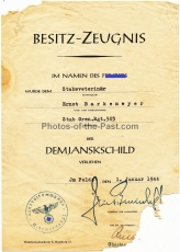 Urkunde Medaille Winterschlacht im Osten und Besitzzeugnis Demjanskschild für eien Stabsveterinär im Grenadier Regiment 503