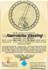 Urkunde für Ausscheiden aus dem Dienst als Luftwaffenhelfer für einen Hitlerjungen 1944 Unterschrift Batteriechef Oberleutnant Günther