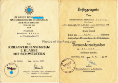 Verleihungsurkunde zum KvK II. Klasse  und Besitzzeugnis zum Verwundetenabzeichen in Silber an einen Soldaten vom Panzer-Grenadier- Regiment 73