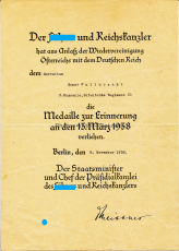 Verleihungsurkunde - Medaille zur Erinnerung an den 13.März 1938 Wiedervereinigung Österreichs mit dem Deutschen Reich