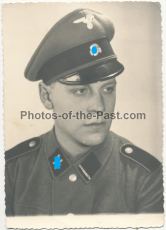 Portrait waffen SS Sturmmann mit Schirmmütze - Foto signiert Stuttgart 1942