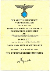 Urkunde Kriegshilfsdienst Dank und Anerkennung für eine Frau bei der Bielefelder Straßenbahn 1942