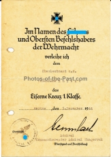 Urkunde Eisernes Kreuz 1. Klasse für einen Oberleutnant zur See ausgestellt Aarhus Dänemark 1944 Kommandierender Admiral Skagerrak Hans-Heinrich Wurmbach