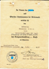 Urkunde Kriegsverdienstkreuz 2. Klasse für einen Gefreiten beim Bahnhofs-Offizier 282(mot) ausgestellt 1942General der Infanterie und Chef des Transportwesens Rudolf Gercke