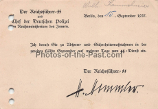 Karte Einberufung zum SS Dienst für den SS Rottenführer Wilhelm Kemmelmeier 1937 - SS Nr. 108866 - Faksimilie Unterschrift Reichsführer SS Heinrich Himmler