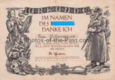 Winterhilfswerk WHW Urkunde Woll-Pelz- und Wintersachen Spende 1941