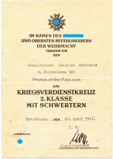 Verleihungsurkunde Kriegsverdienstkreuz II. Klasse mit Schwertern für einen Obergefreiten der 2. Fahrkolonne 320 und Sterbebrief aus Wachendorf Bahlum November 1945