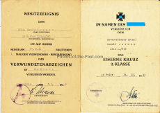 2 Dokumente EK II Verleihungsurkunde und Besitzzeugnis Verwundetenabzeichen in Schwarz für einen Unteroffizier vom Grenadier Regiment 743