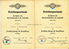 Dokumentengruppe eines Oberleutnant im Kampfgeschwader 2 der Luftwaffe Urkunden Frontflugspangen für Kampfflieger in Bronze und Silber Eisernes Kreuz 1. und 2. Klasse Ärmelband KRETA Bulgarisches Flugzeugführerabzeichen Beförderung Sportabzeichen