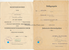 Dokumentengruppe Besitzzeugnis Verwundetenabzeichen in Schwarz Inf. Reg. 579 Infanterie Sturmabzeichen Grenadier Reg. 454 und Beteiligungs-Urkunde im Berufswettkampf