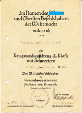Verleihungsurkunde Kriegsverdienstkreuz 2. Klasse mit Schwertern - Der Militärbefehlshaber im Generalgouvernement Freiherr von Gienanth - General der Kavallerie