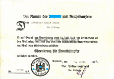 Urkunde Ehrenkreuz für Frontkämpfer für einen Arbeiter aus Witten ausgestellt in Bochum 1935