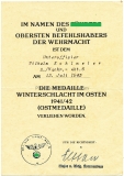 Verleihungsurkunde Medaille Winterschlacht im Osten - Nachrichten Abteilung 6