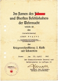 Urkunde Kriegsverdienstkreuz 2. Klasse mit Schwertern für einem Stabsfeldwebel der Landesschützenkompanie Litzmannstadt