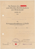 Urkunde Kriegsverdienstkreuz 2. Klasse mit Schwertern für einen Gefreiten der Nachrichten Kompanie 306