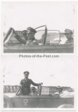 2 Fotos Ritterkreuzträger General mit Deutschem Kreuz in Gold in einem PKW vor einem Viadukt