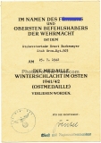 Urkunde Medaille Winterschlacht im Osten und Besitzzeugnis Demjanskschild für eien Stabsveterinär im Grenadier Regiment 503