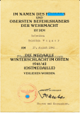 Urkunde Medaille Winterschlacht im Osten für einen Gefreiten Ostmedaille 1941/42