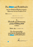 Verleihungsurkunde - Medaille zur Erinnerung an den 13.März 1938 Wiedervereinigung Österreichs mit dem Deutschen Reich