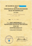 Urkunde Medaille Winterschlacht im Osten für einen Stabsgefreiten im Grenadier Regiment 637