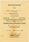 Besitzzeugnis Verwundetenabzeichen in Schwarz für einen Wachtmeister der Kampfgruppe Jahn ausgestellt in Iserlohn im April 1945