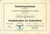 Verleihungsurkunde Kampfabzeichen für die Flakartillerie Eisernes Kreuz II. Klasse Medaille Winterschlacht im Osten und Besitzzeugnis Verwundetenabzeichen in Silber für einen Angehörigen vom Flak Regiment 52