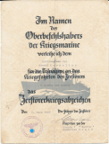 Verleihungsurkunde Zerstörerkriegsabzeichen für einen Leutnant zur See auf Zerstörer Z 17 Diether von Roeder