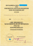 Dokumentengruppe Infanterie Regiment 503 Urkunde Eiserne Kreuz II. Klasse mit Unterschrift von Ritterkreuzträger Theodor Freiherr von Wrede Kommandeur der 290. ID Besitzzeugnis Verwundetenabzeichen in Schwarz und Urkunde Medaille Winterschlacht im Osten