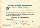 Urkunde Ehrenkreuz für Kriegsteilnehmer ausgestellt in Cochem 1935